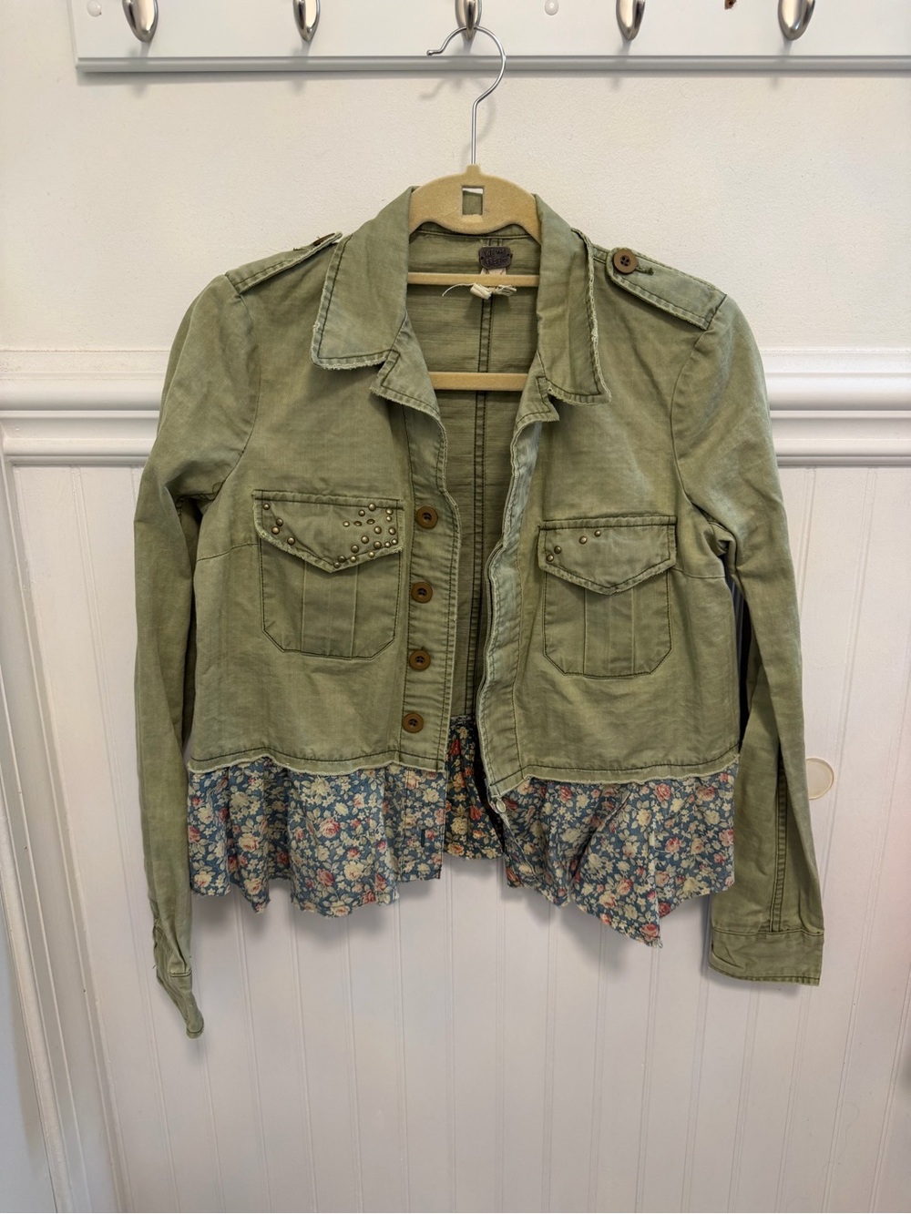 We The Free Olive Green Utility Jacket with Floral Hem